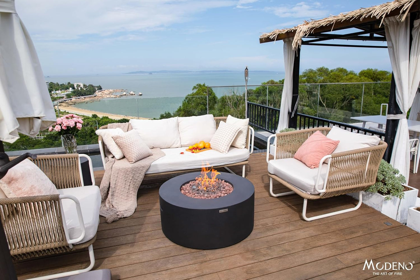 AMS Fireplace | Modeno Venice Package | Black Natural Gas Fire Pit Table for Outside Patio Bundle with Wind Guard, and SS Burner Lid | Free Rubber Mat & Ice Bucket