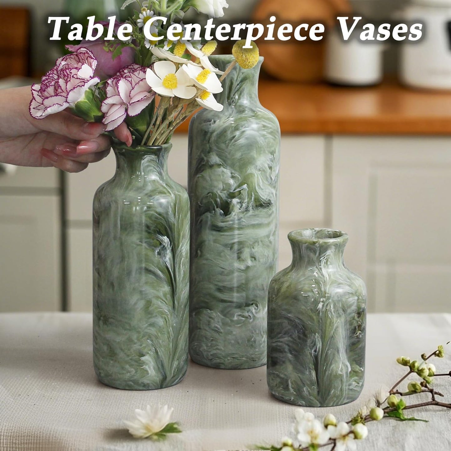 Resin 3 Piece Vase Set, Farmhouse Decor, Home Decorative Vase, Vases for Your Kitchen, Bedroom, Office, Living Room, Bathroom, & Shelf Centerpiece Table Decorations, Green
