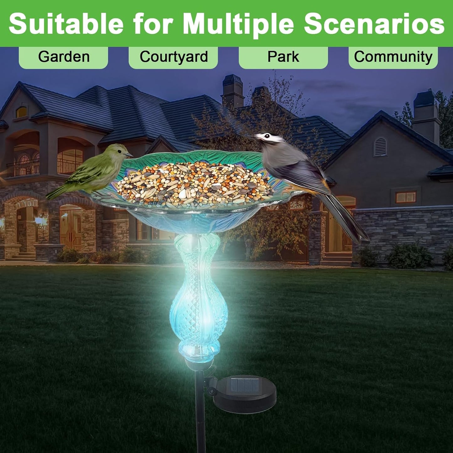 Blue Peacock Ground Stake Solar Bird Feeder for Outside,Bird Pond Outdoor Glass BirdBath with Metal Stake Garden Yard Outdoor, Garden Decoration Yard 32 inches