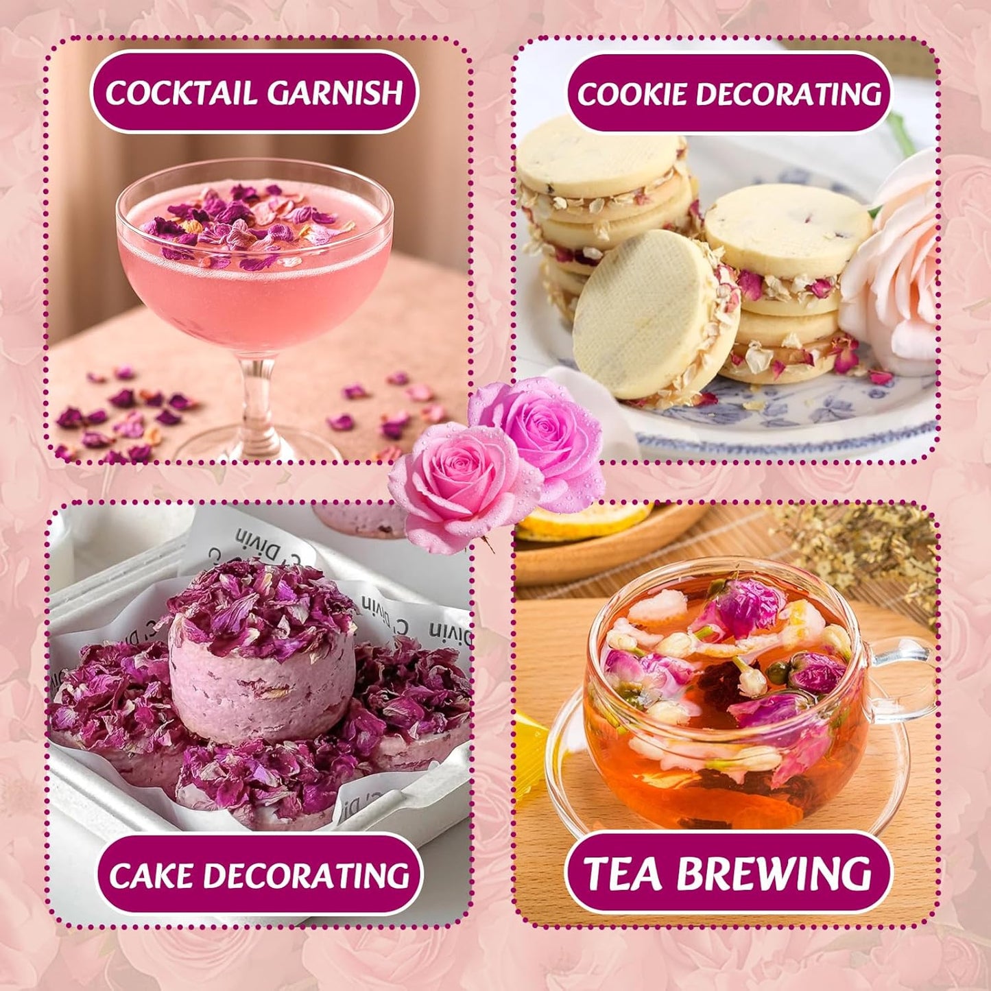 Fangkic Edible Rose Flower Petals for Cake, 2-Pack-0.5oz Each, 3AAA Food Grade Dried Double rose and Damascus Rose Flower Sprinkle for Baking, Cocktails, Tea, Soap –Gluten-Free, No Additives