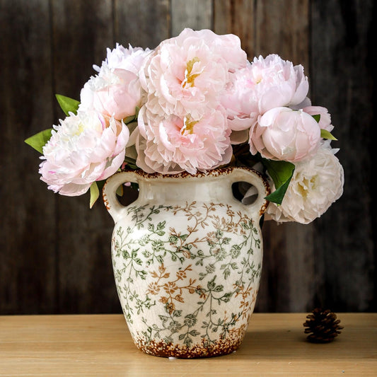 Enra Vintage vase,7.8 Inch Green and Beige Ceramic Decorative Flower vase, Chinoiserie Floral Vase,Large Rustic Vases for Home Decors, Living Room, Bookshelf, Office