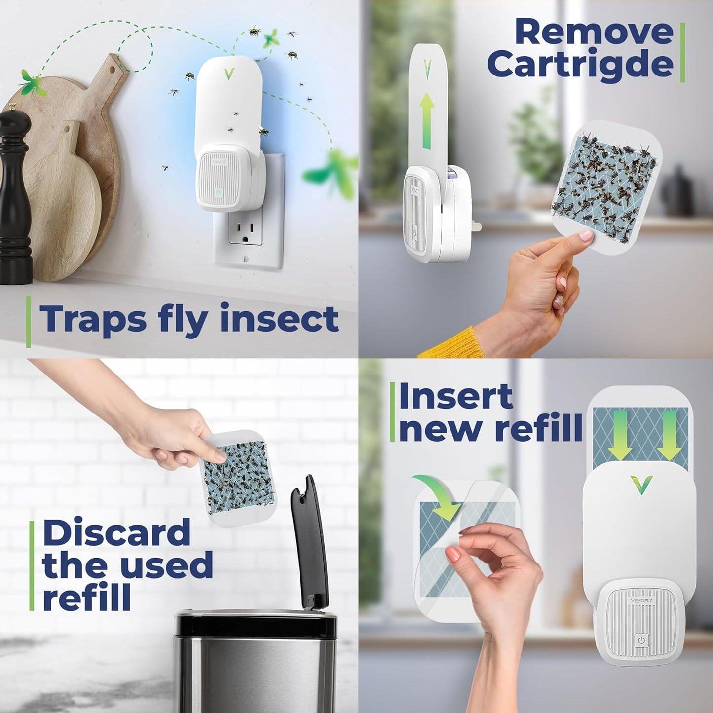 VEYOFLY Fly Trap Indoor, Fruit Fly Traps for Indoors, (1 Device + 3 Refills) Gnat Traps for House Indoor, Fly Catcher Indoor, Plug in Light Flying Insect Trap, Bug Light Killer, Fly Trap