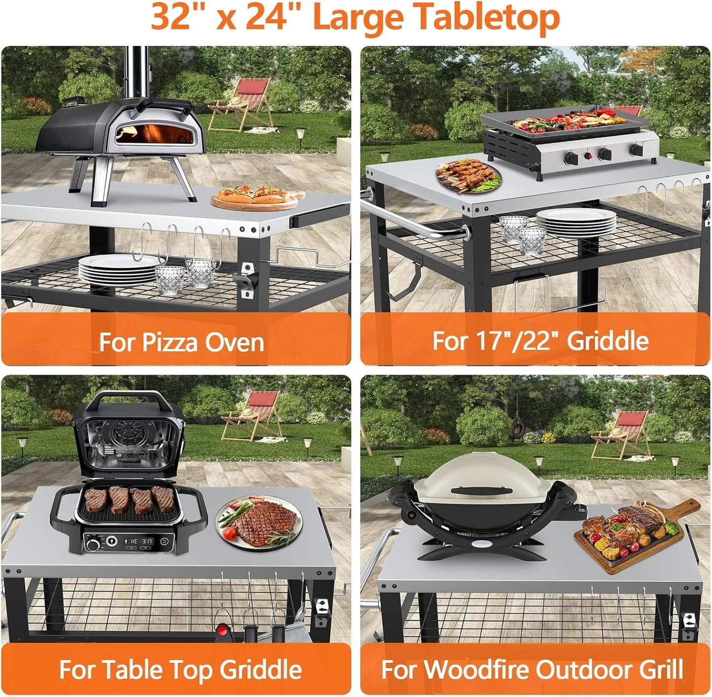 Stainless Steel Pizza Oven Table for Ooni, 650lbs Outdoor Grill Cart with Wheels and Handle, 32"x 24" Three-Shelf Food Prep Cart for Griddle, Movable Outdoor Pizza Cart