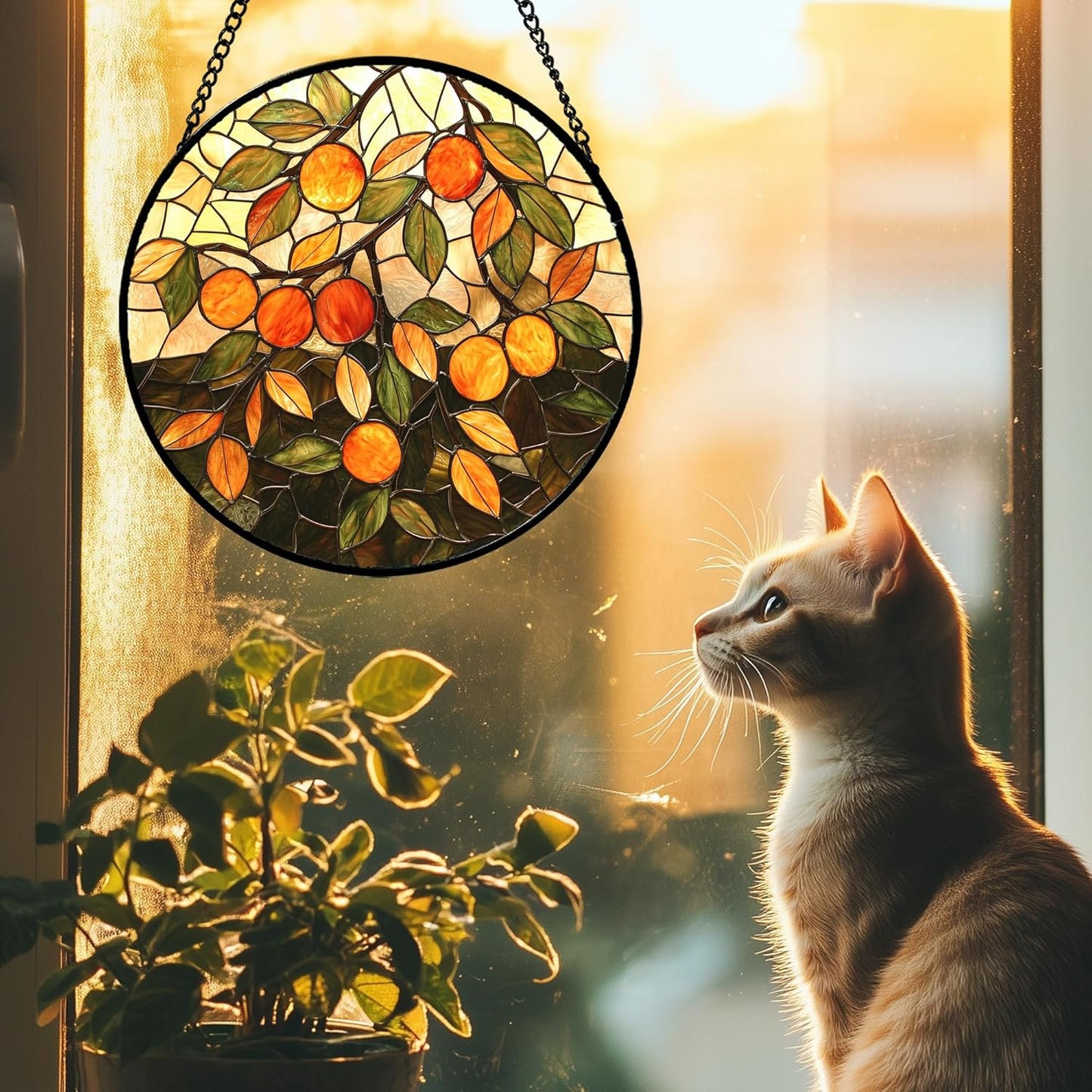 Stained Glass Suncatcher, Orange Green Fruit Tree Sun Catcher Landscape Stain Glass Window Hanging Decoration Mother's Day Birthday Gifts for Women Men Mom Nana 6.3 in