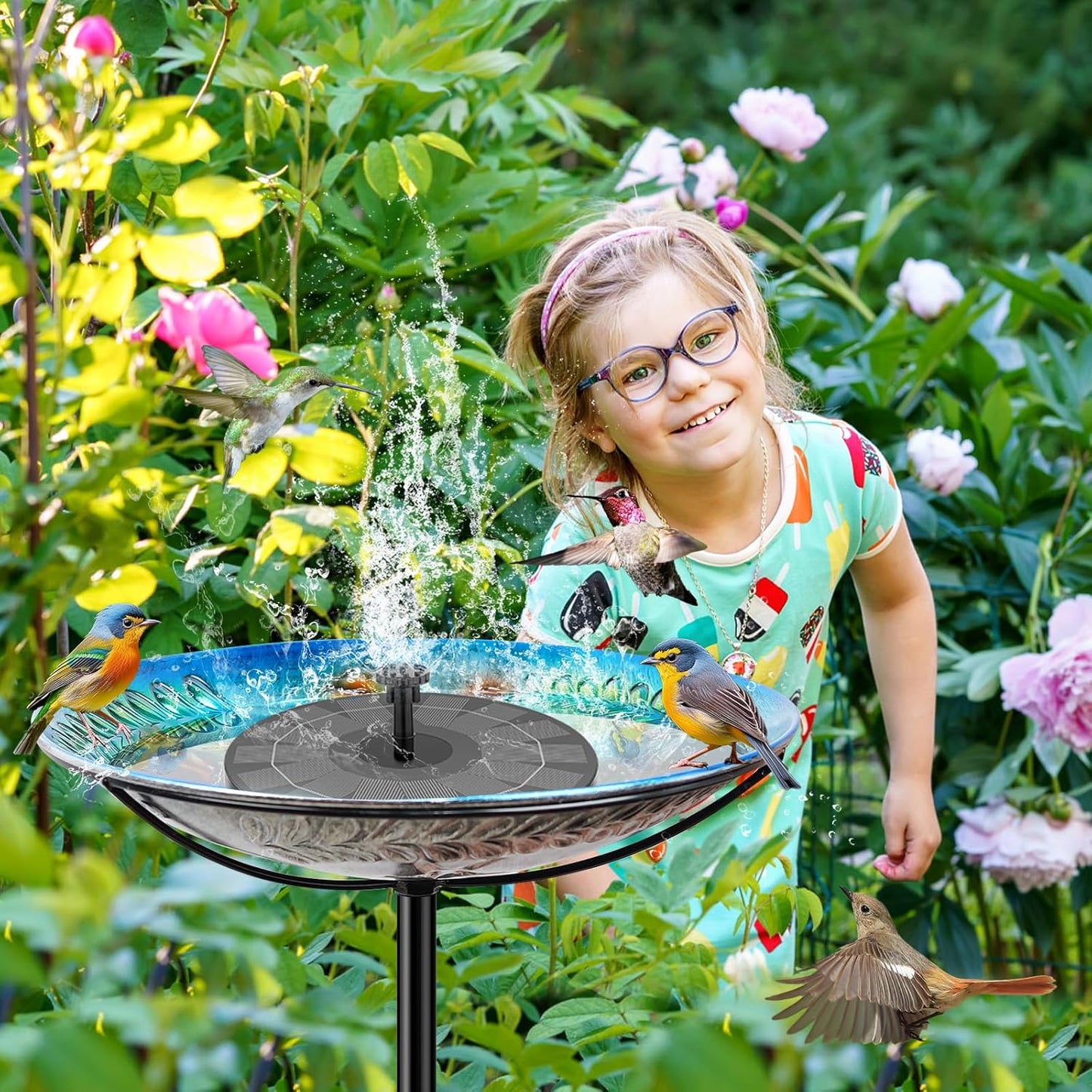 Metal Bird Bath for Outside Feeder Bowl, Detachable Birdbath & Birdfeeder with Base Stake, Vintage Bird Baths for Outdoors Garden Yard Lawn Decor (Blue)