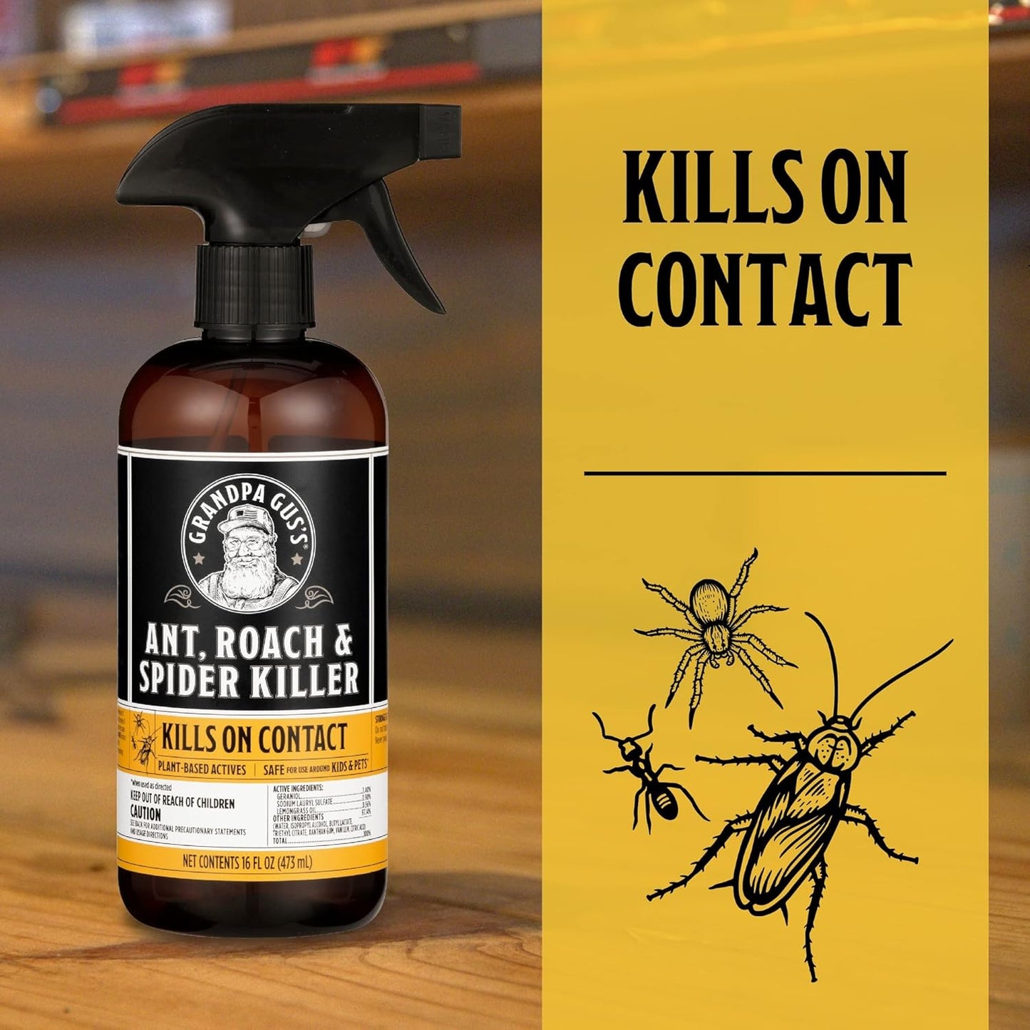 Grandpa Gus's Natural Ant Roach Spider Killer Spray, Fast-Acting Plant-Based Insect Control, Safe for Kids Pets, Indoor Outdoor Use, Non-Greasy, Fresh Scent, 16 fl oz