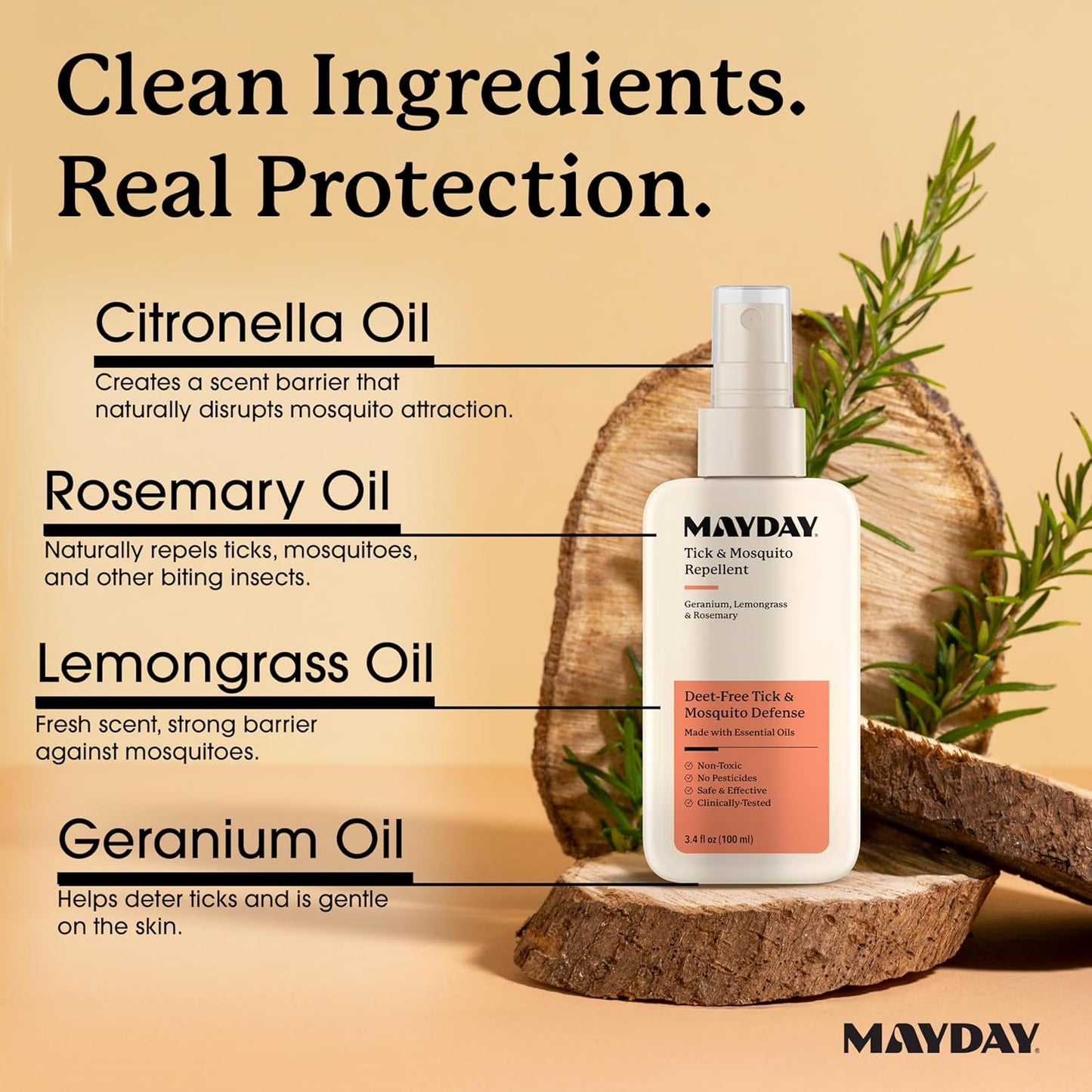 Mayday Tick & Mosquito Repellent – Deet-Free with Essential Oils – Geranium, Lemongrass & Rosemary – 3.4 oz (100 ml) – Non-Toxic, No Pesticides, Safe & Effective – Mosquito and Tick Repellent