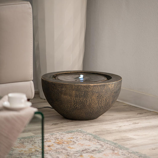 Xbrand 19.8"" W Round Polyresin Indoor/Outdoor Sphere Water Fountain w/LED Light, Garden Water Fountain, Water Bowl Fountain, Patio Water Fountain, Water Fountain Décor, Bronze, AMS3542-1