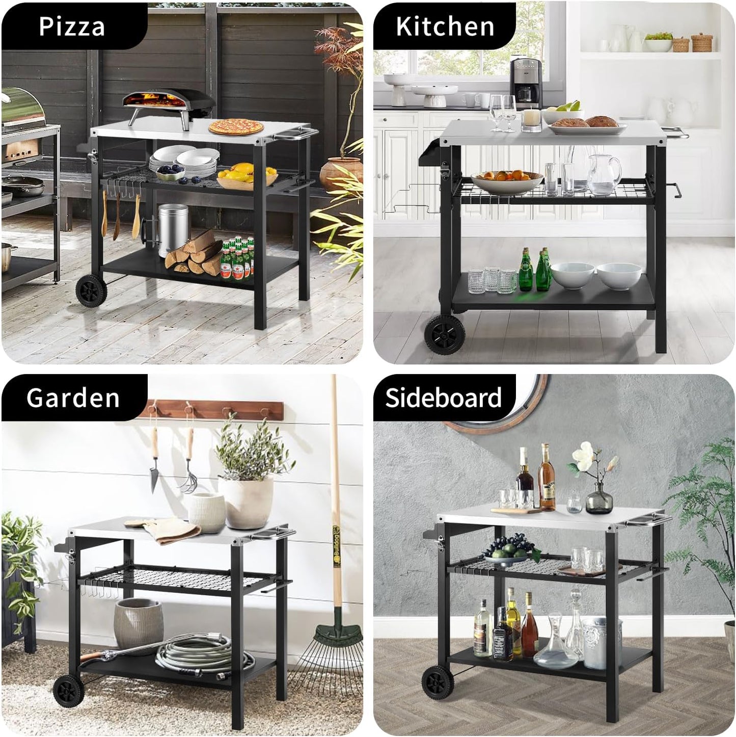 Grill Cart Table with Three Shelf, Movable Outdoor Dining Cart Pizza Oven Stand with Three Hooks, Kitchen Cart Island Multifunction Food Prep Table (Sliver)