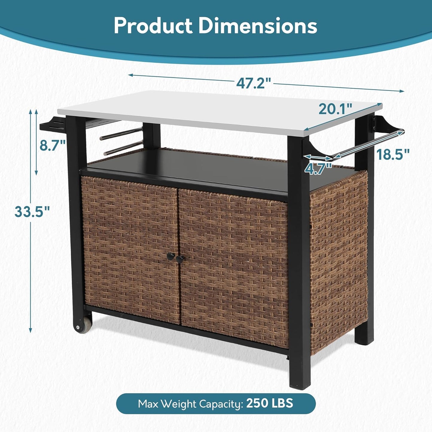 Grill Cart Outdoor with Wheels, Outdoor Prep Table with Wicker Storage and Rolling Wheels, Kitchen Island Serving Cart with Stainless Steel Table Top for BBQ, Porch, Patio, Brown