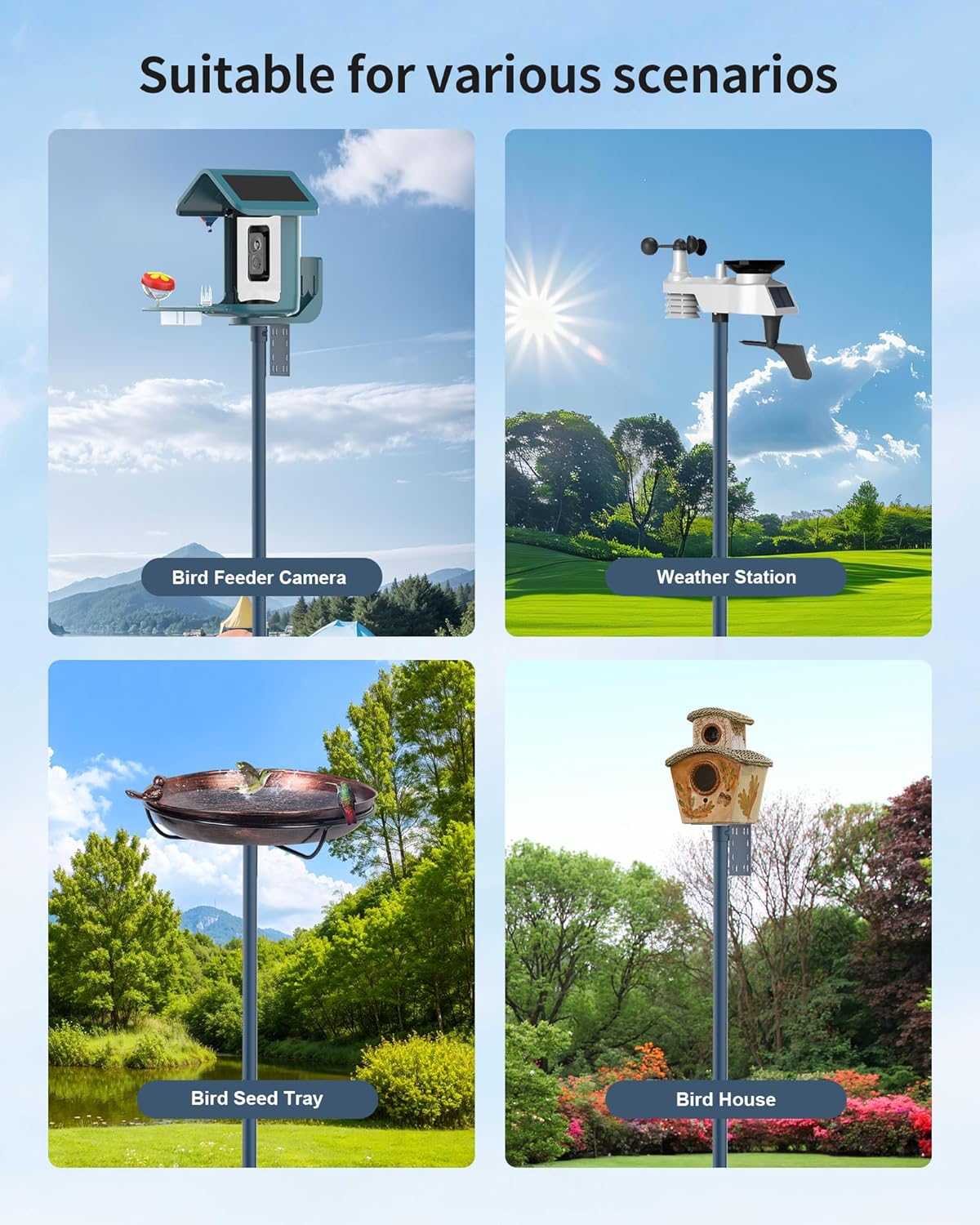 Bird Feeder Pole Stand – 60 Inch Height Feeding Station with 1-Inch Dia Heavy Duty for Hanging Feeders, Bird House Pole Mount Kit for Outdoor, Slip-Fit Connection，Blue