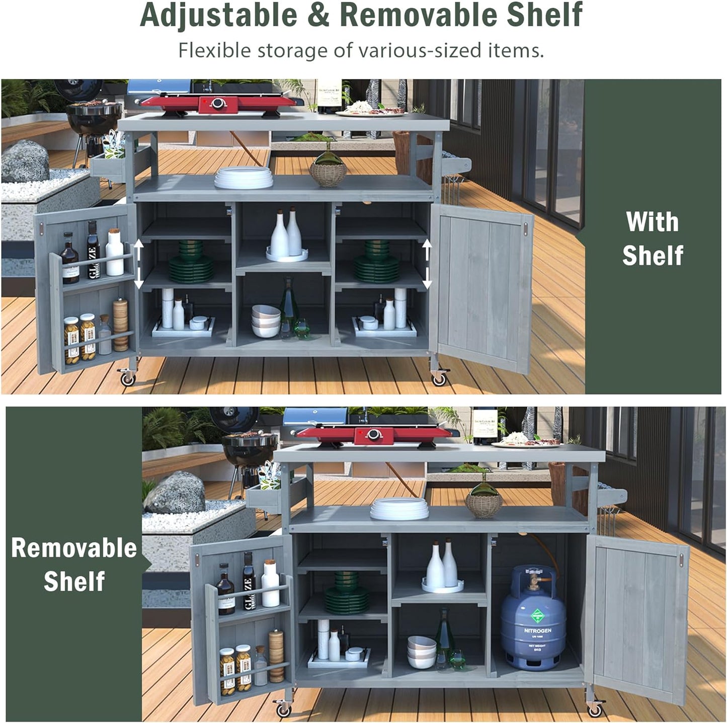 50.25" W Grill Cart with Stainless Steel Tabletop - Outdoor Storage Cabinet for BBQ, Bar Patio Kitchen Island with Ample Storage and Lockable Wheels