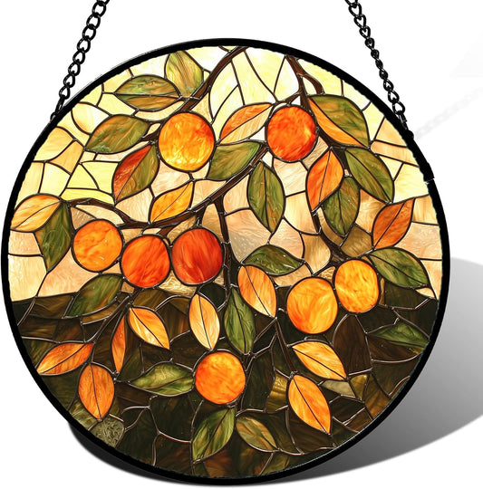Stained Glass Suncatcher, Orange Green Fruit Tree Sun Catcher Landscape Stain Glass Window Hanging Decoration Mother's Day Birthday Gifts for Women Men Mom Nana 7.8 in
