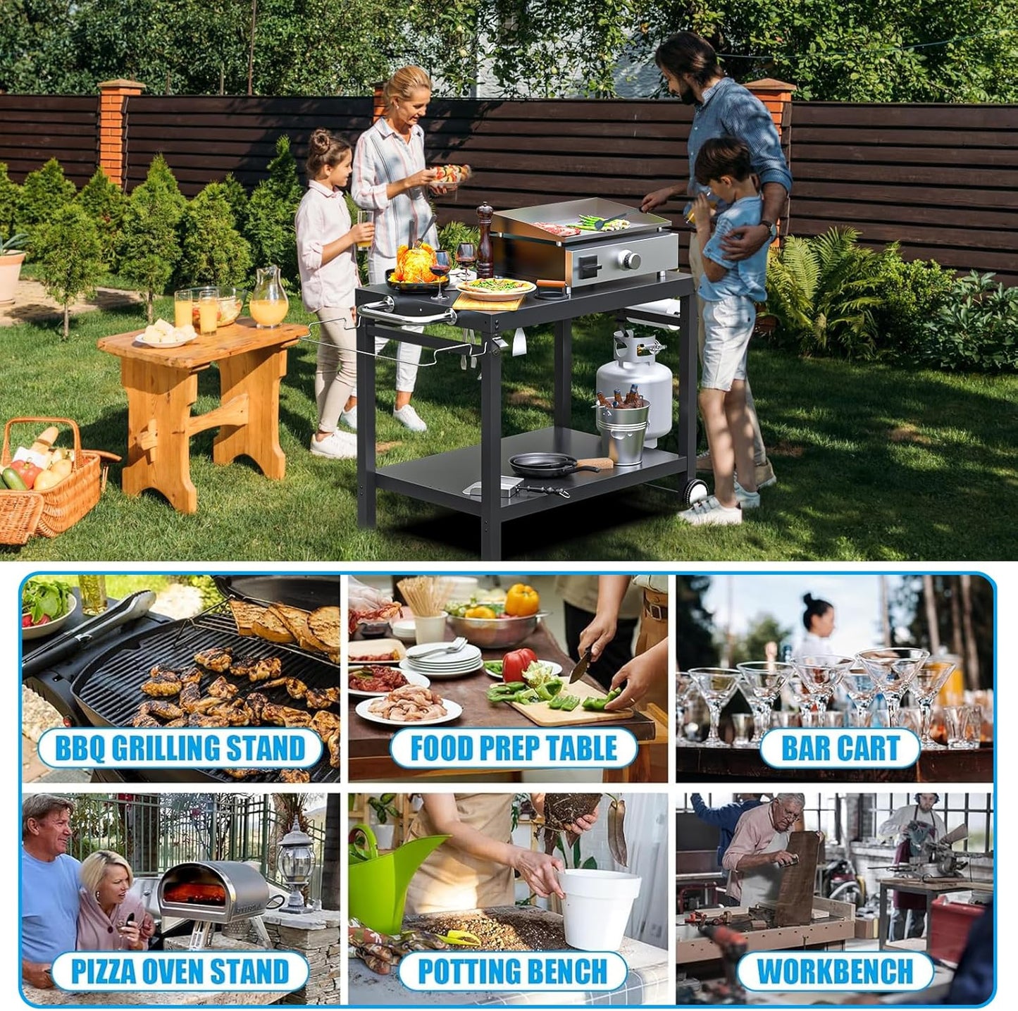 LS'BABQ Outdoor Grill Table Cart, Pizza Oven Stand, BBQ Prep Table with Trash Bag Holder Wheels & Hooks, Double-Shelf Movable Food Prep and Work Stand, Powder-Coated Steel Flattop Grill Cart