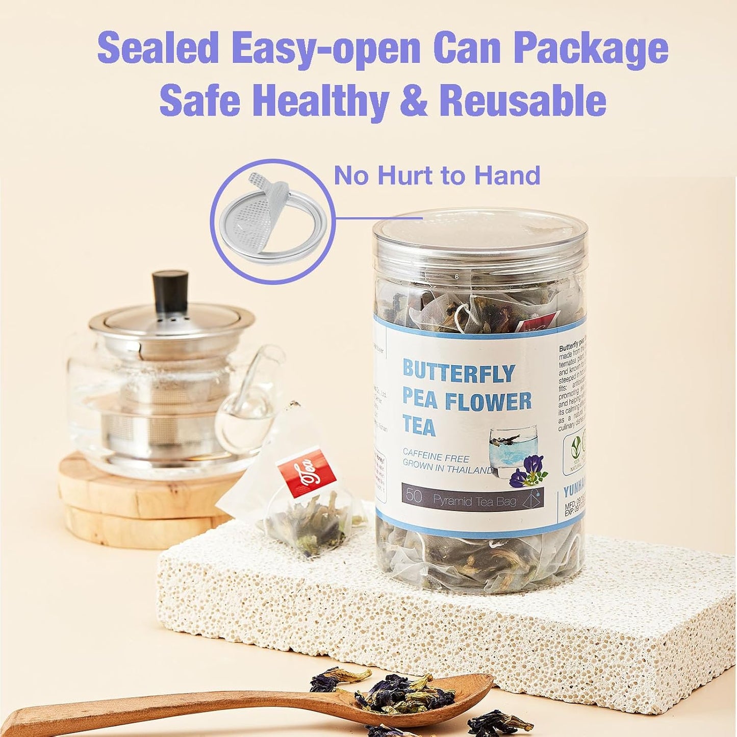 50 Dried Blue Butterfly Pea Flower Tea Bags | Thai Herbal Tea | Blue Purple Pea Tea | Caffeine-Free, Gluten-Free, Non-GMO | Ideal for Cooking, Iced Tea, Coolers, Cocktails and Mocktails