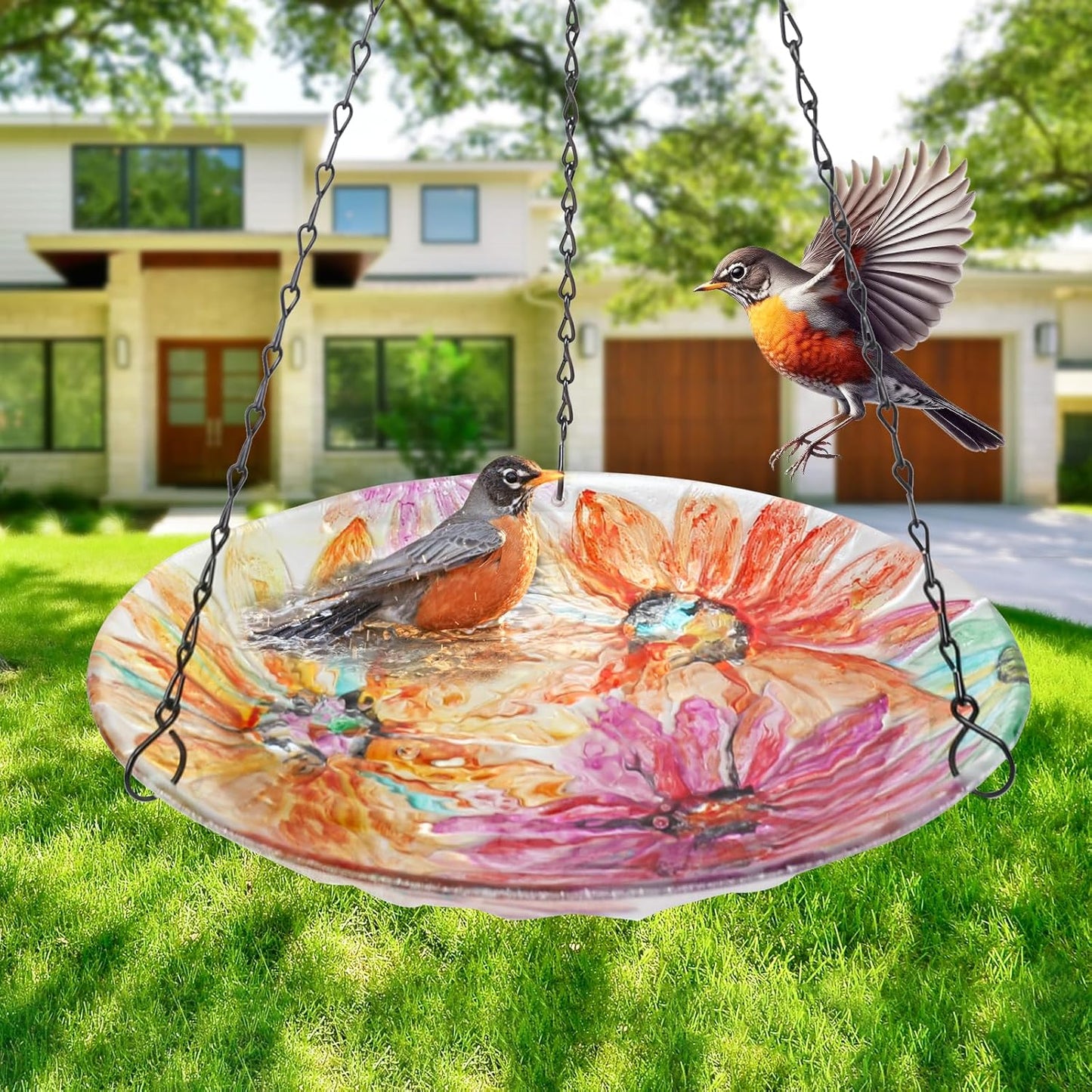 VCUTEKA Hanging Bird Bath, Glass Bird Baths for Outdoors Birdfeeder with 21 inch Rust-Proof Chain for Garden Yard Decor, Flower