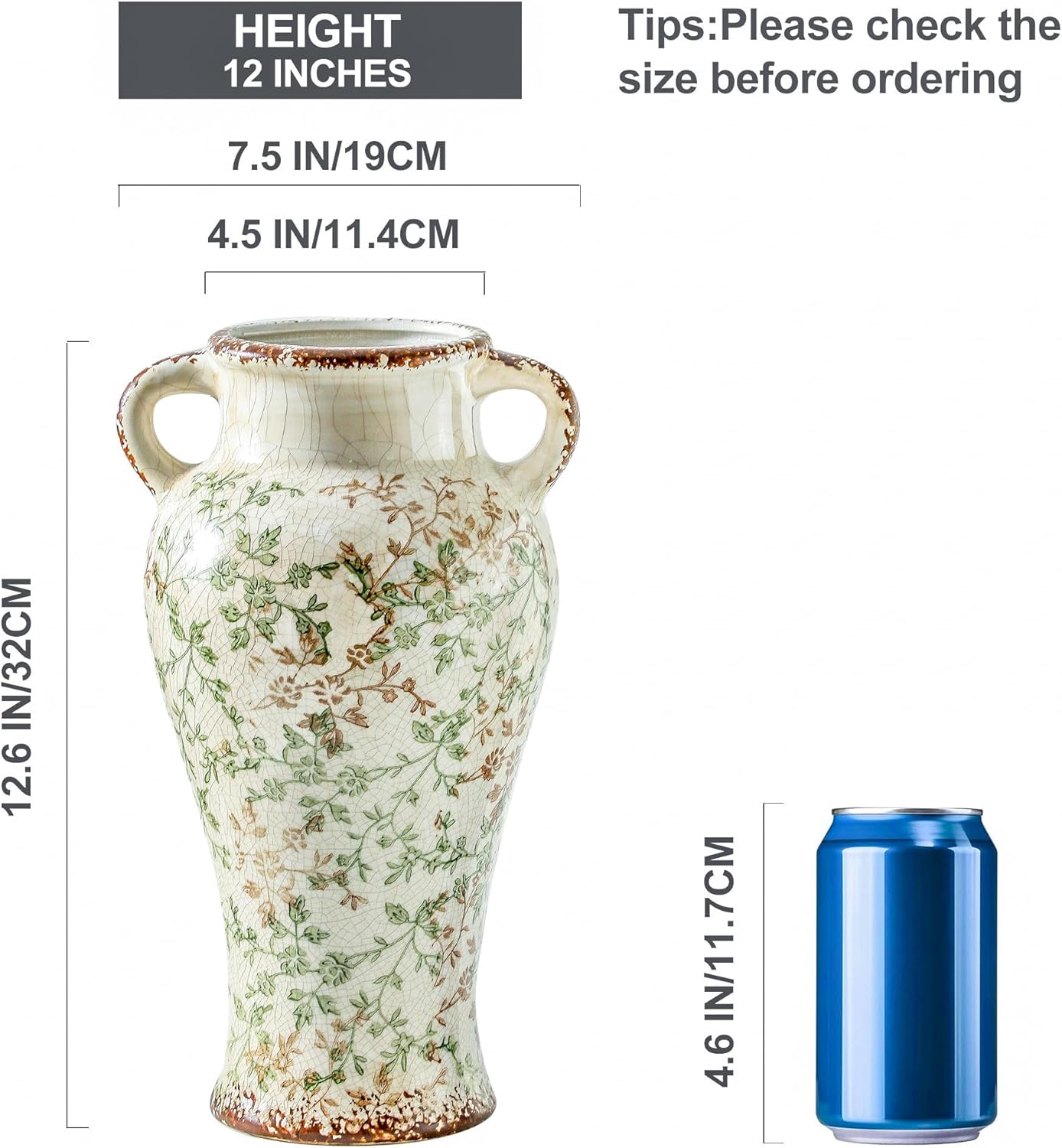 Enra Farmhouse Vintage vase with Handle,12.6 in Ceramic Chinoiserie Floral Vase,Green and Beige Decorative Flower vase,Large Rustic Vases for Home Decors, Living Room, Bookshelf, Office