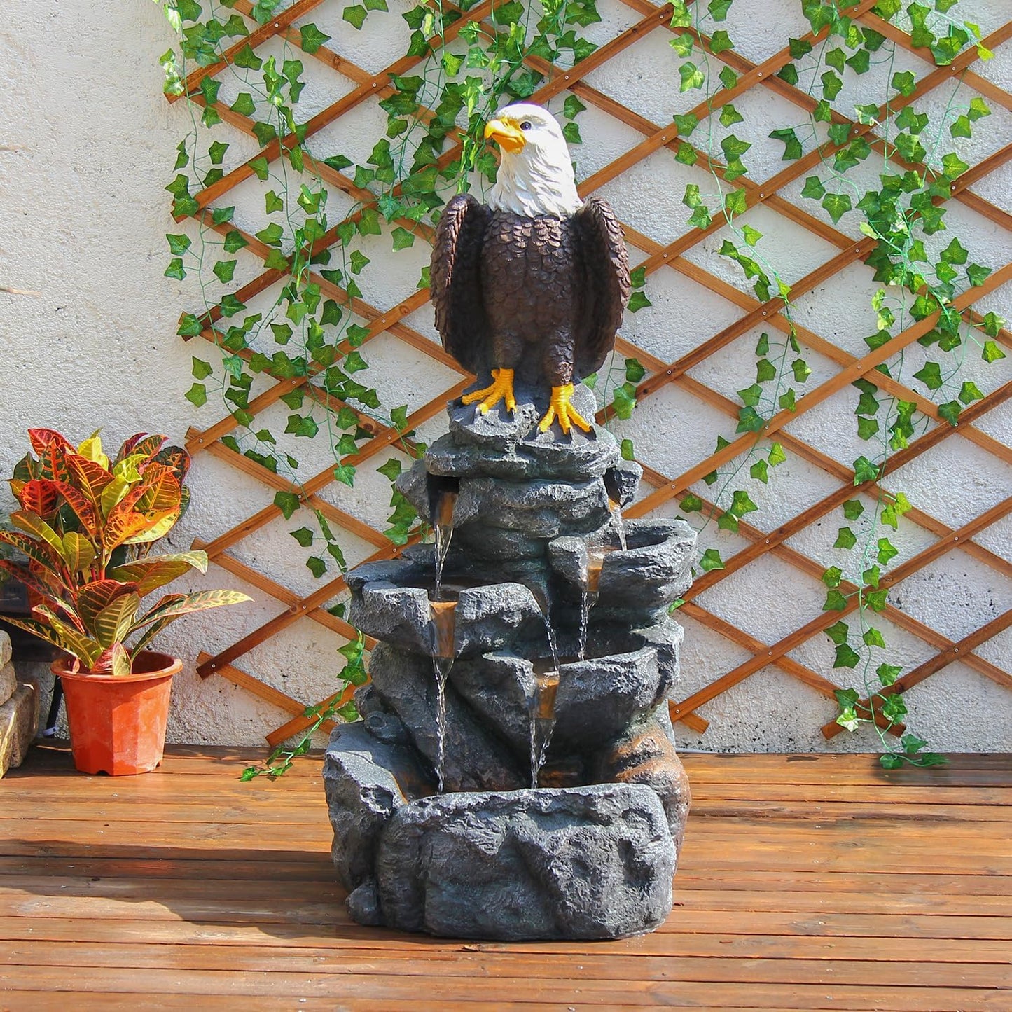 YZM Bald Eagle Statue Outdoor Fountain Tiered Cascading Rock Water Fountain Outdoor Garden Waterfall Decor for Garden Patio Backyard Deck Porch Outside Water Feature 39.76" H
