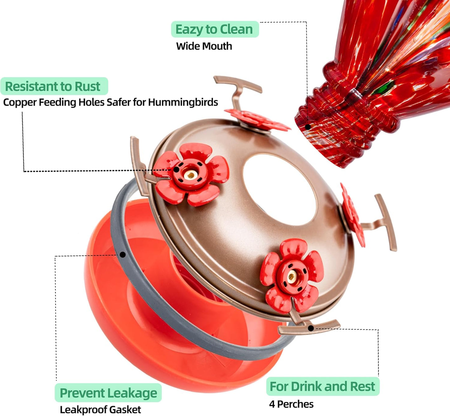 2 Packs Hummingbird Feeder for Outdoors Hanging Ant and Bee Proof, 34OZ Hand Blown Glass Hummingbird Feeders for Outside, Christmas Decoration Gifts for Mom (Blue & Red)