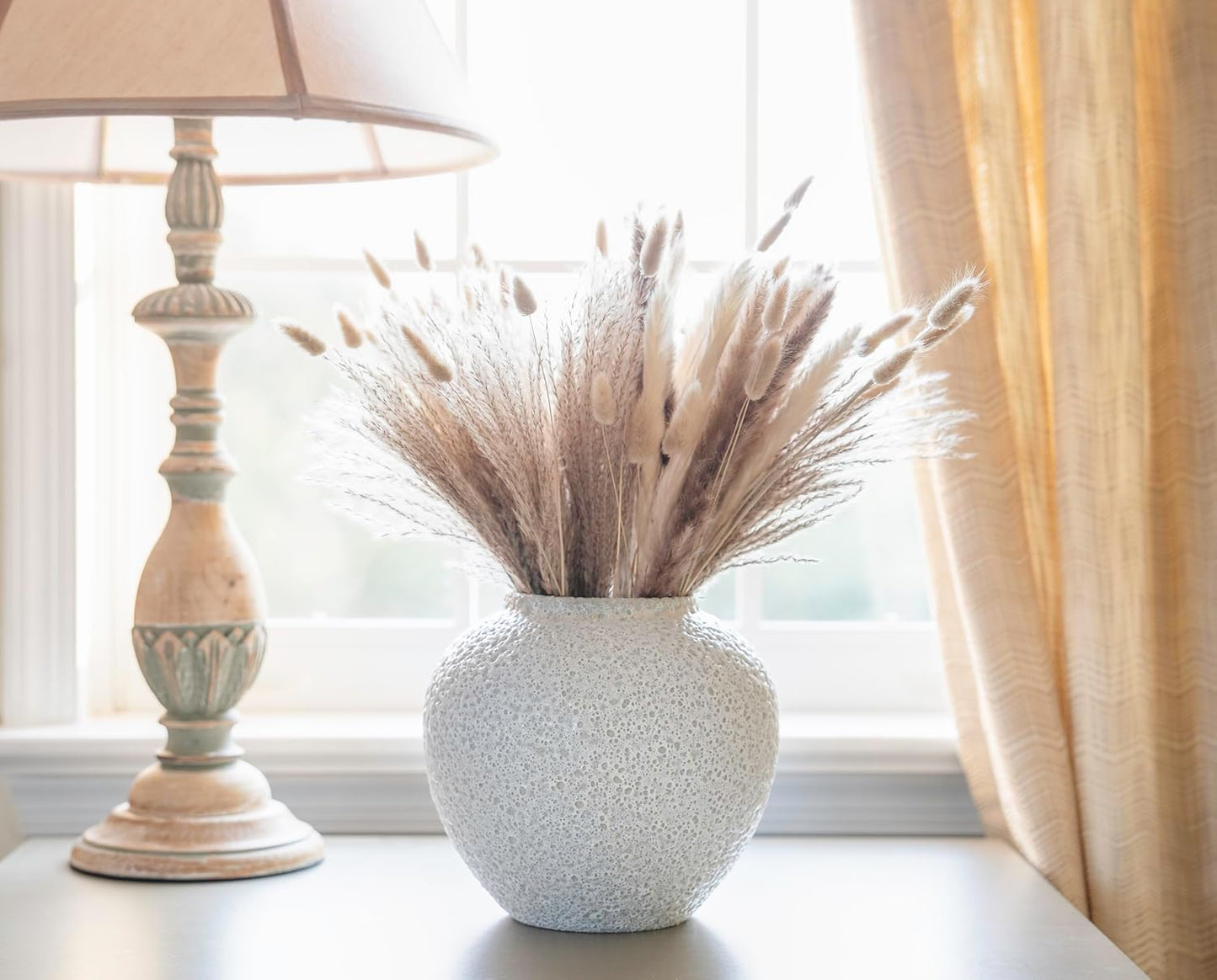 White Ceramic Vase Flower Vase, Big Textured Round Vase for Centerpieces, Kitchen, Living Room, Bedroom Decor Gifts