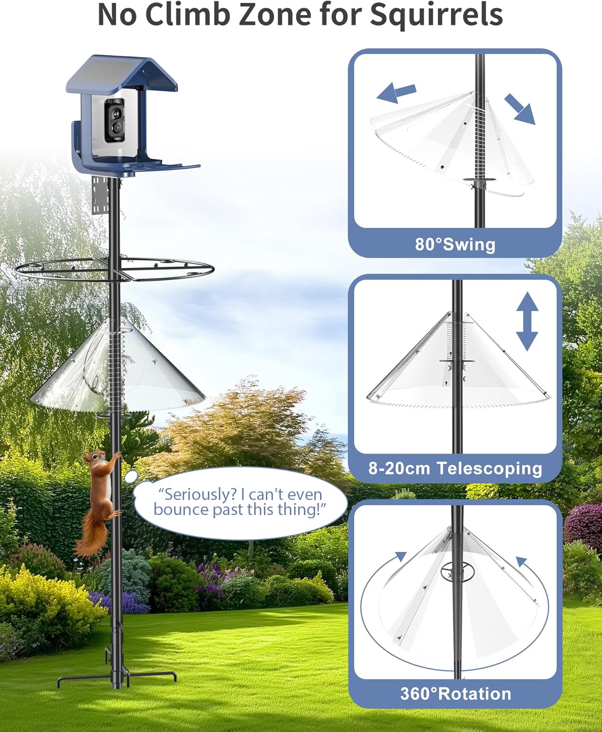 Bird Feeder Pole with Squirrel Baffle - 90 Inch Bird House Pole with Semicircular Hook for Outdoors, Squirrel Proof Baffle with Stainless Steel Spring for Better Defense, Slip-Fit Connection