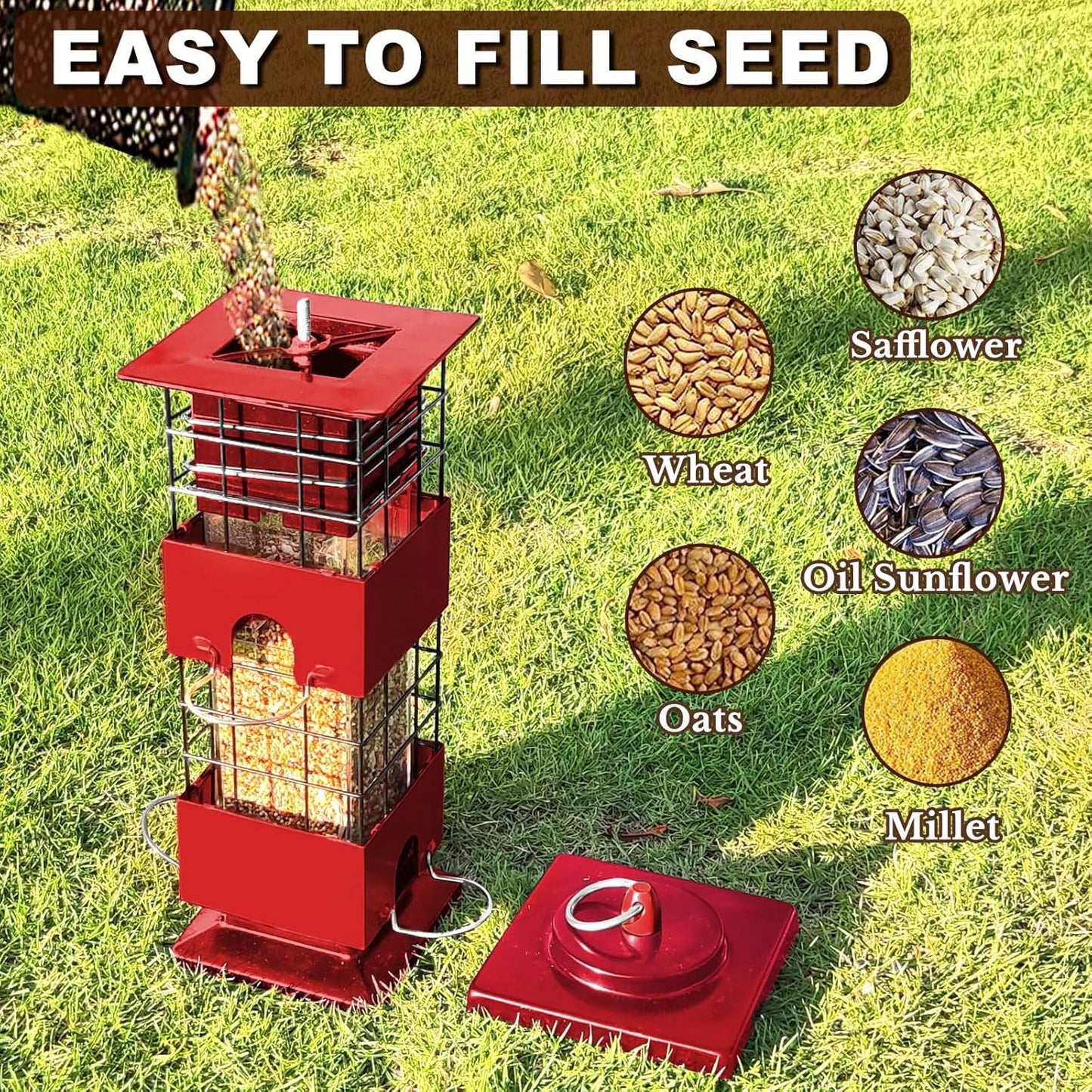Squirrel Proof Bird Feeder, 3LBS Large Capacity Hanging Bird Feeders for Outdoors, Weight-Activated Perches Metal Anti-Squirrel Birdfeeder for Blue Jay, Cardinal, Outside (Red)