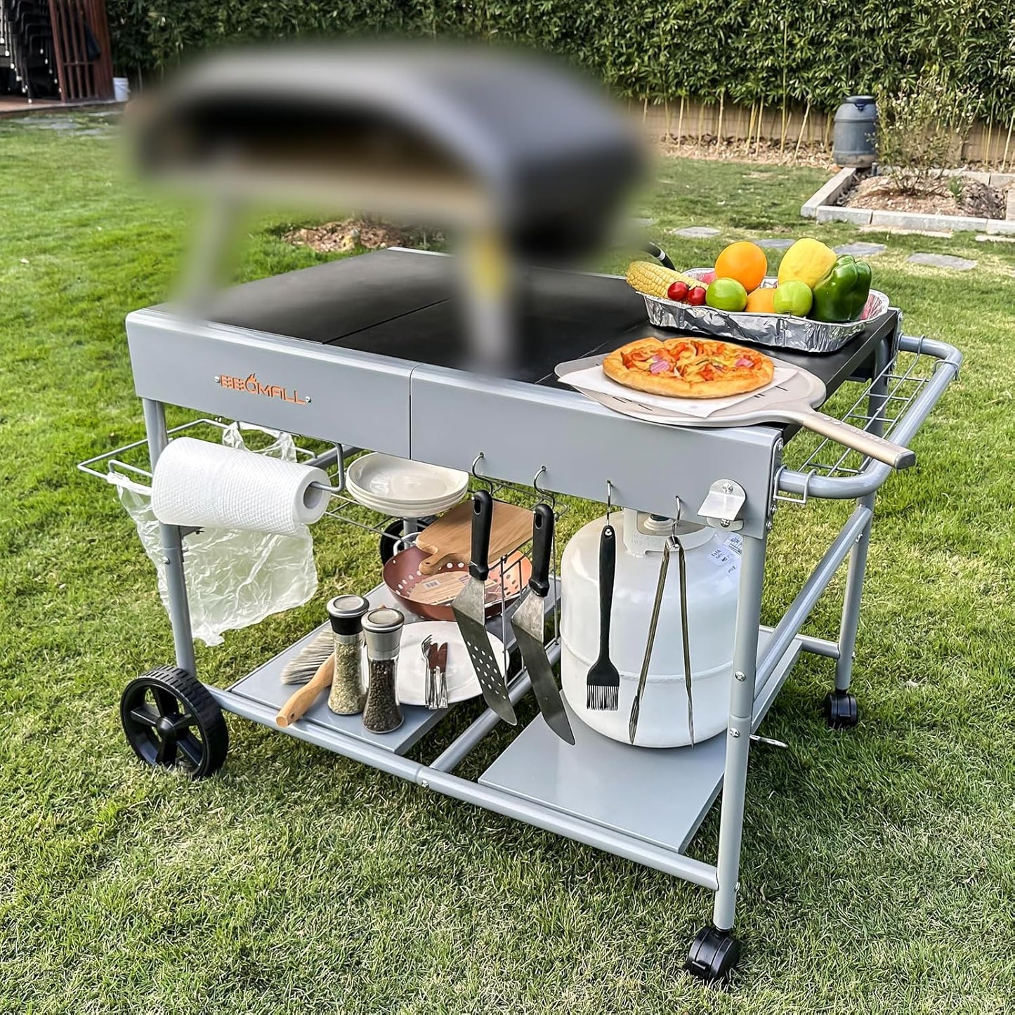 Pizza Oven Cart Table and Topping Station for Ooni Koda/Karu/Fyra 16 & 12, Movable Thicken & Widen Rolling Kitchen Cart, Outdoor Grill Stand for Ninja Woodfire,Blackstone Griddle