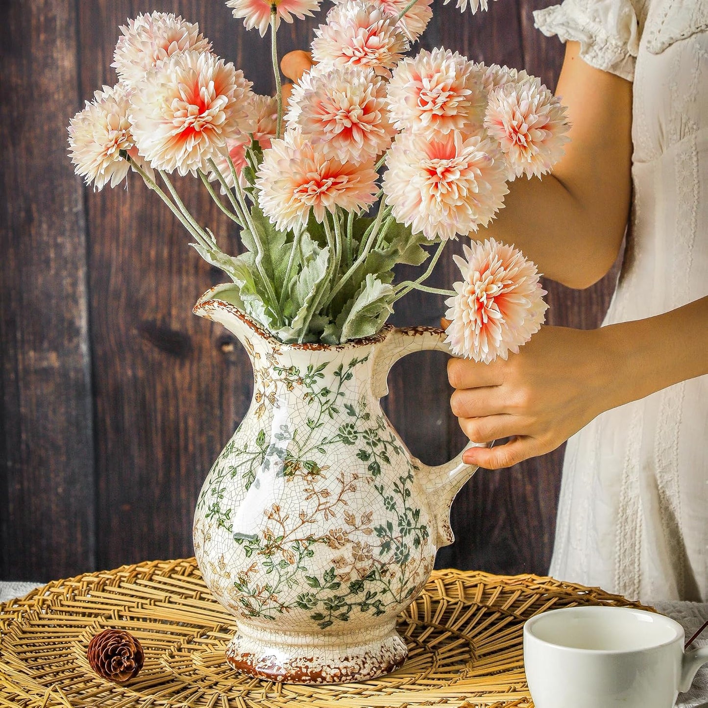 Enra Large Vintage Green Ceramic Vase and Pitcher for Home Decor, 9.7 Inch Rustic Chinoiserie Decorative Vases, Green and Beige Ceramic Vases for Living Room, Kitchen, Office – Large Vases for Decor