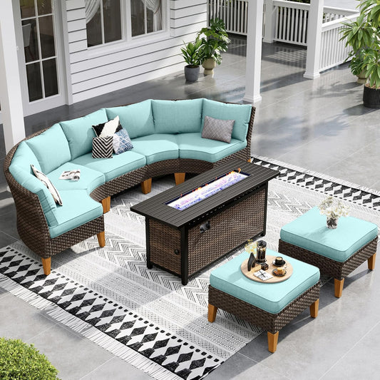 Sophia & William Patio Furniture Set with Fire Pit Table, 8 Piece Half Moon Outdoor Wicker Sectional Sofa Set, Rattan Conversation Set with 56-Inch Fire Pit Table & Ottoman (Aqua Blue)