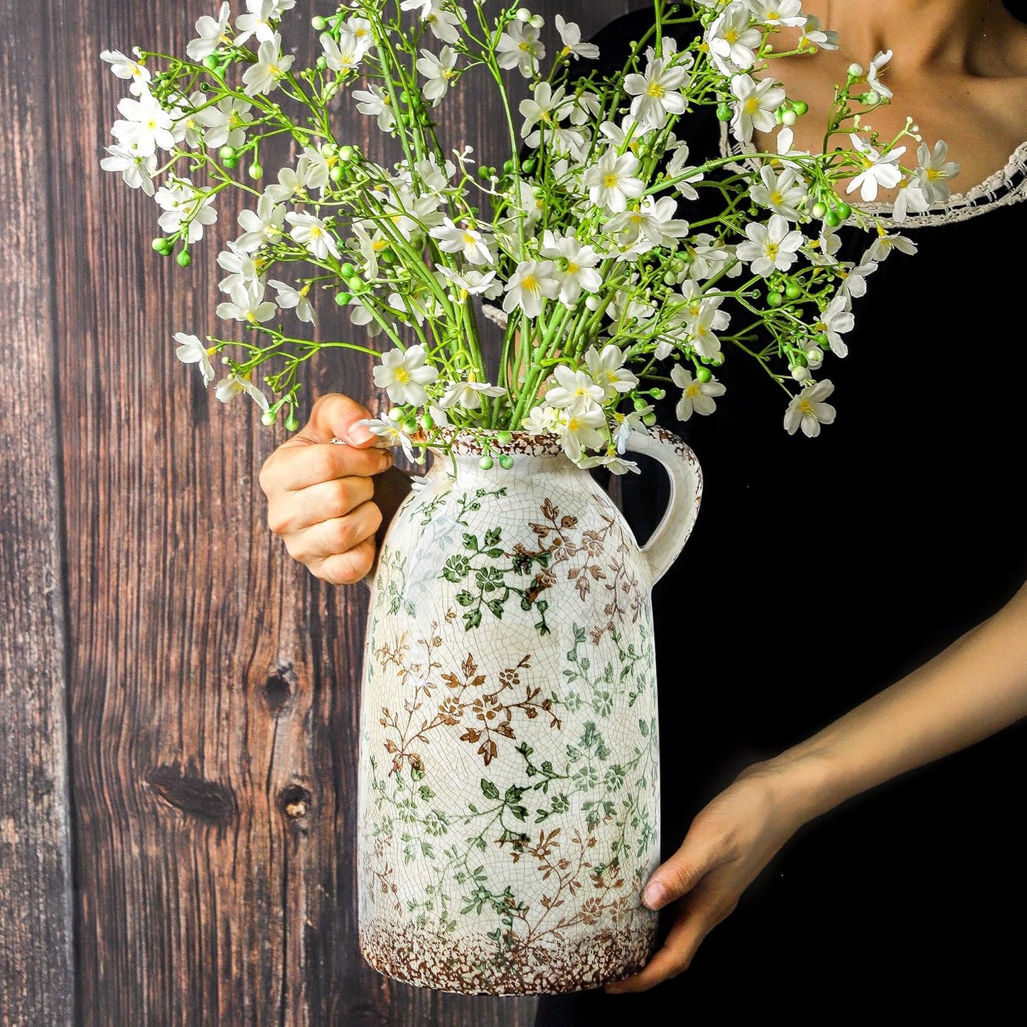 Enra Large Vintage Green and Beige Ceramic Chinoiserie Floral Vase, 11.2 Inch Rustic Decorative Flower Vase for Home, Living Room, Kitchen, or Office – Pastoral Retro Design