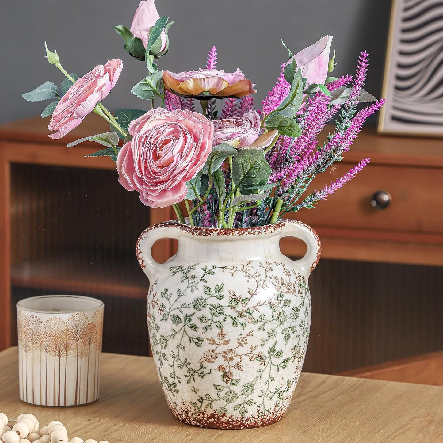 Enra Vintage vase,7.8 Inch Green and Beige Ceramic Decorative Flower vase, Chinoiserie Floral Vase,Large Rustic Vases for Home Decors, Living Room, Bookshelf, Office