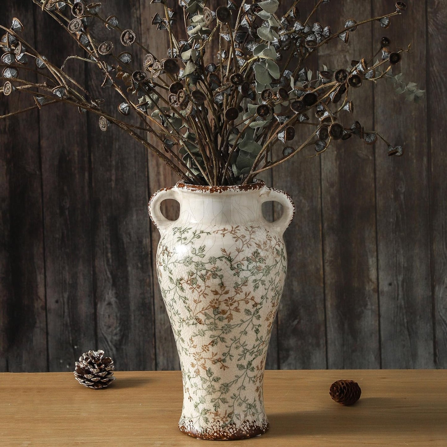Enra Farmhouse Vintage vase with Handle,12.6 in Ceramic Chinoiserie Floral Vase,Green and Beige Decorative Flower vase,Large Rustic Vases for Home Decors, Living Room, Bookshelf, Office