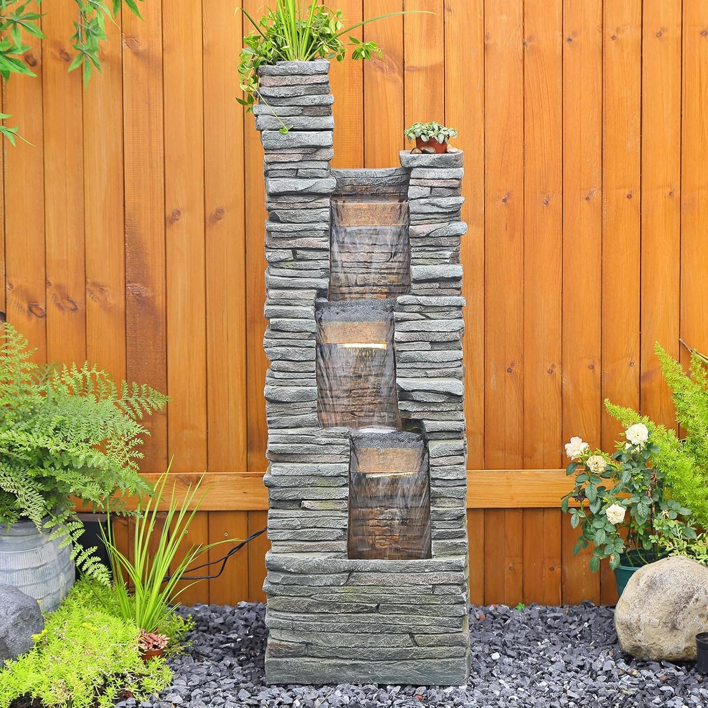 47 in High Water Fountain Outdoor Garden 3 Tier Cascading Large Outdoor Fountains and Waterfalls with LED Lights for Garden, Patio, Backyard, Deck, Porch and Home Art Decor, Natural Stones