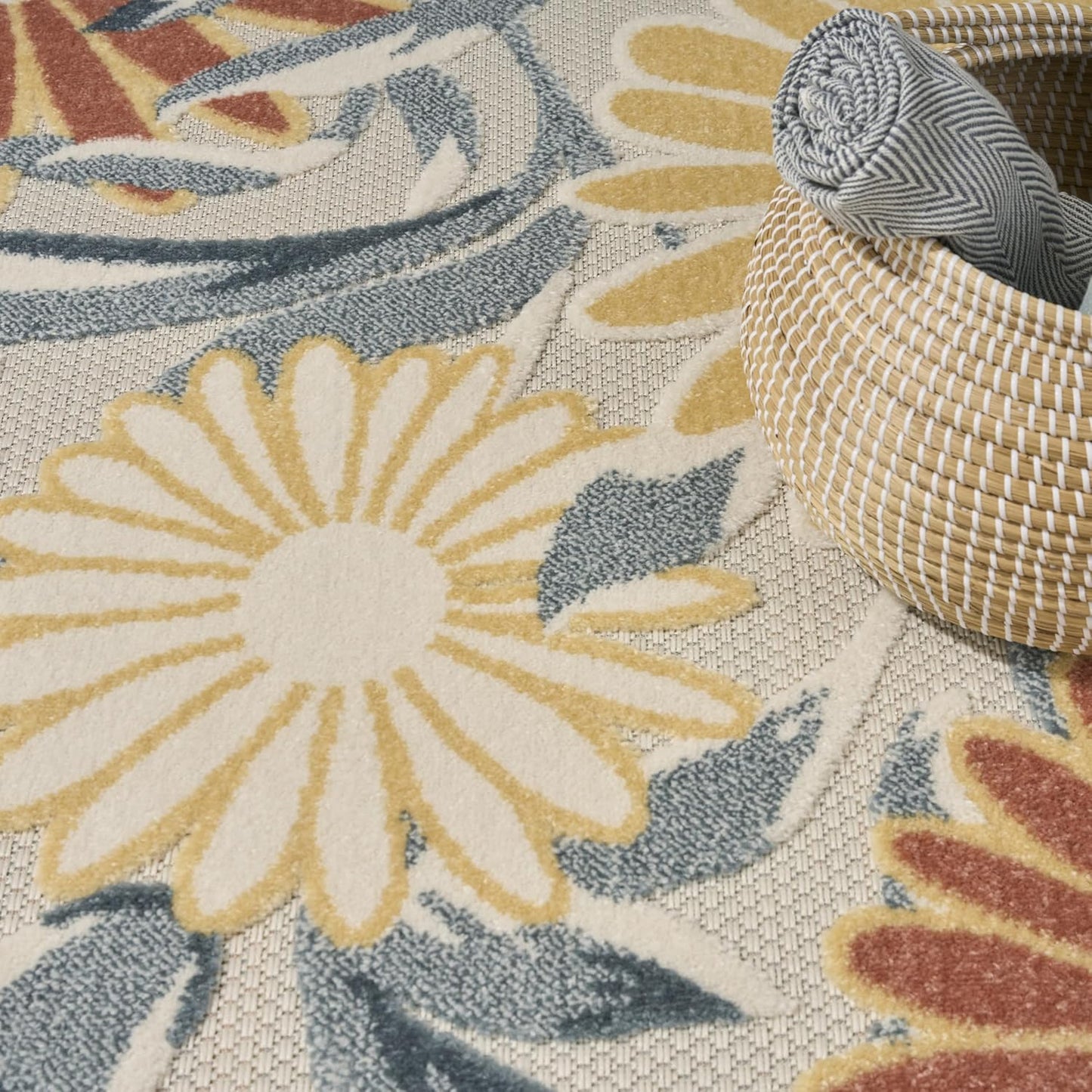 Nourison Aloha Ivory Rose 9' x 12' Area Rug - Easy Clean, Non Shedding, Bed Room, Living Room, Dining Room, Kitchen (9' x 12')