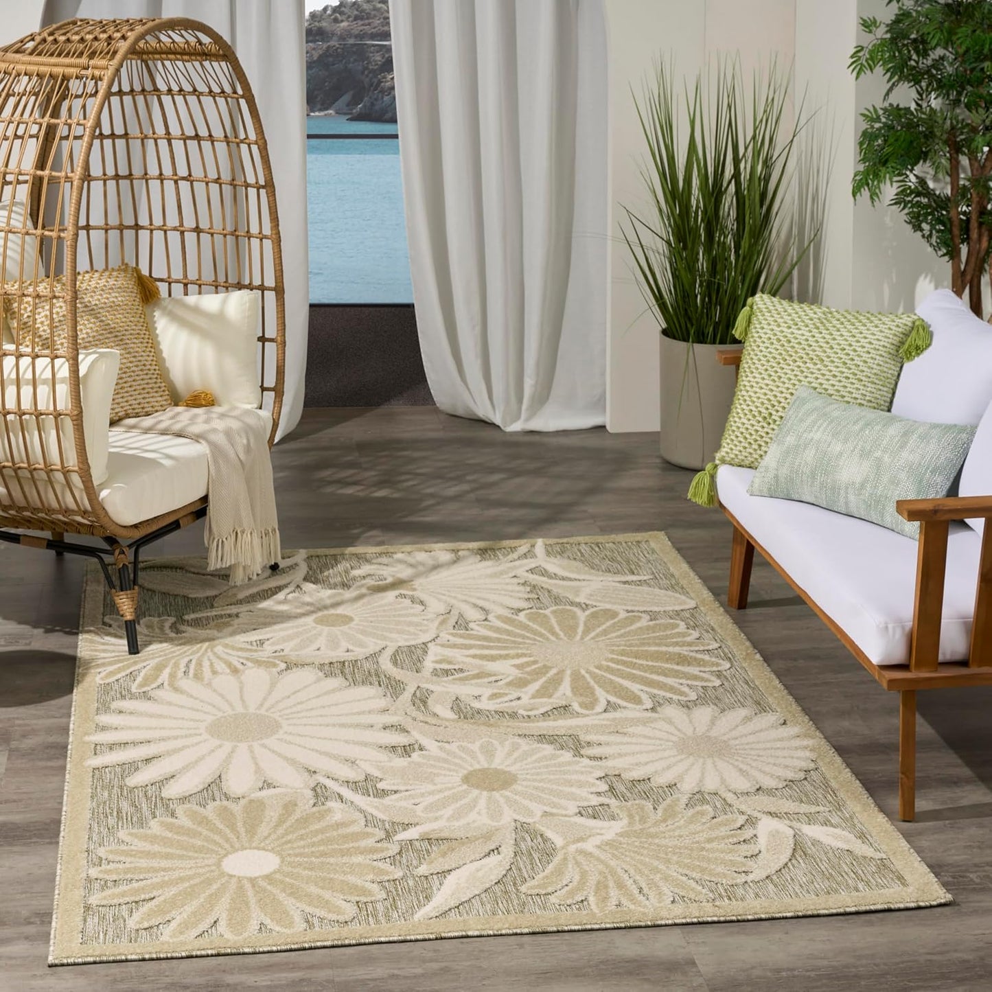 Nourison Aloha Ivory Sage 5'3" x 7'5" Area Rug - Easy Clean, Non Shedding, Bed Room, Living Room, Dining Room, Kitchen (5' x 8')