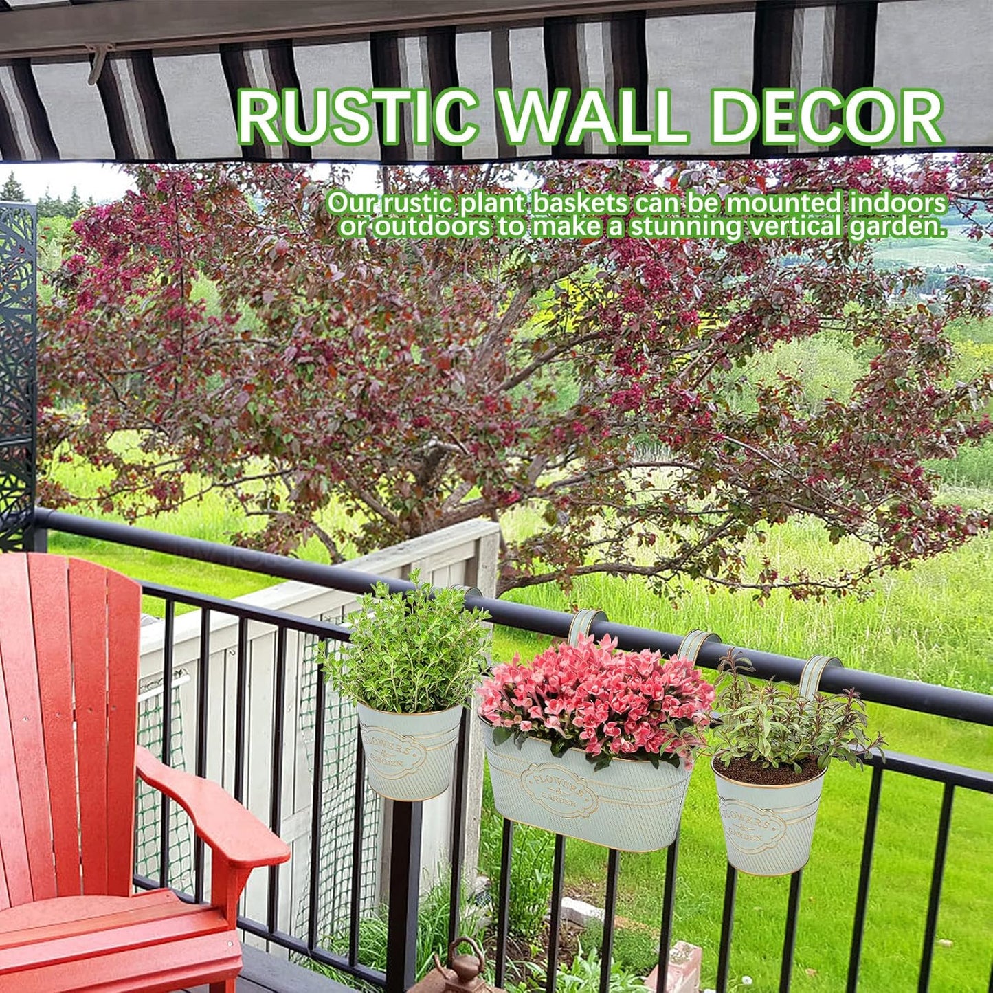 PerGar Vintage Metal Iron Wall Hanging Flower Pots, Rustic Planter Bucket Herb Flower Plant Holder with Detachable Hooks & Drainage Hole for Railing Fence Balcony Deck Garden Home Decoration, Set of 3