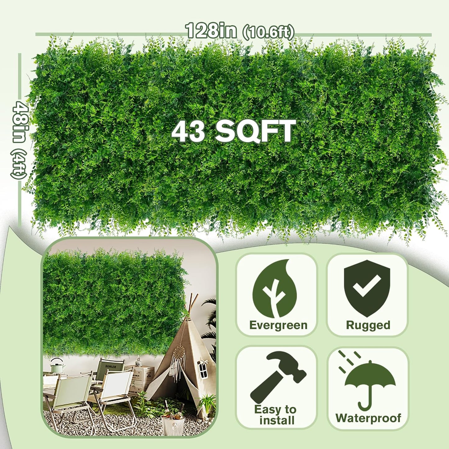 Greenery Faux Grass Wall Backdrop: 48"x128" (43 SQFT) UV-Anti Artificial Green Boxwood Panel for Patio Balcony Privacy & Ivy Fence Covering Privacy, Garden, Backyard Wall Backdrop Decor